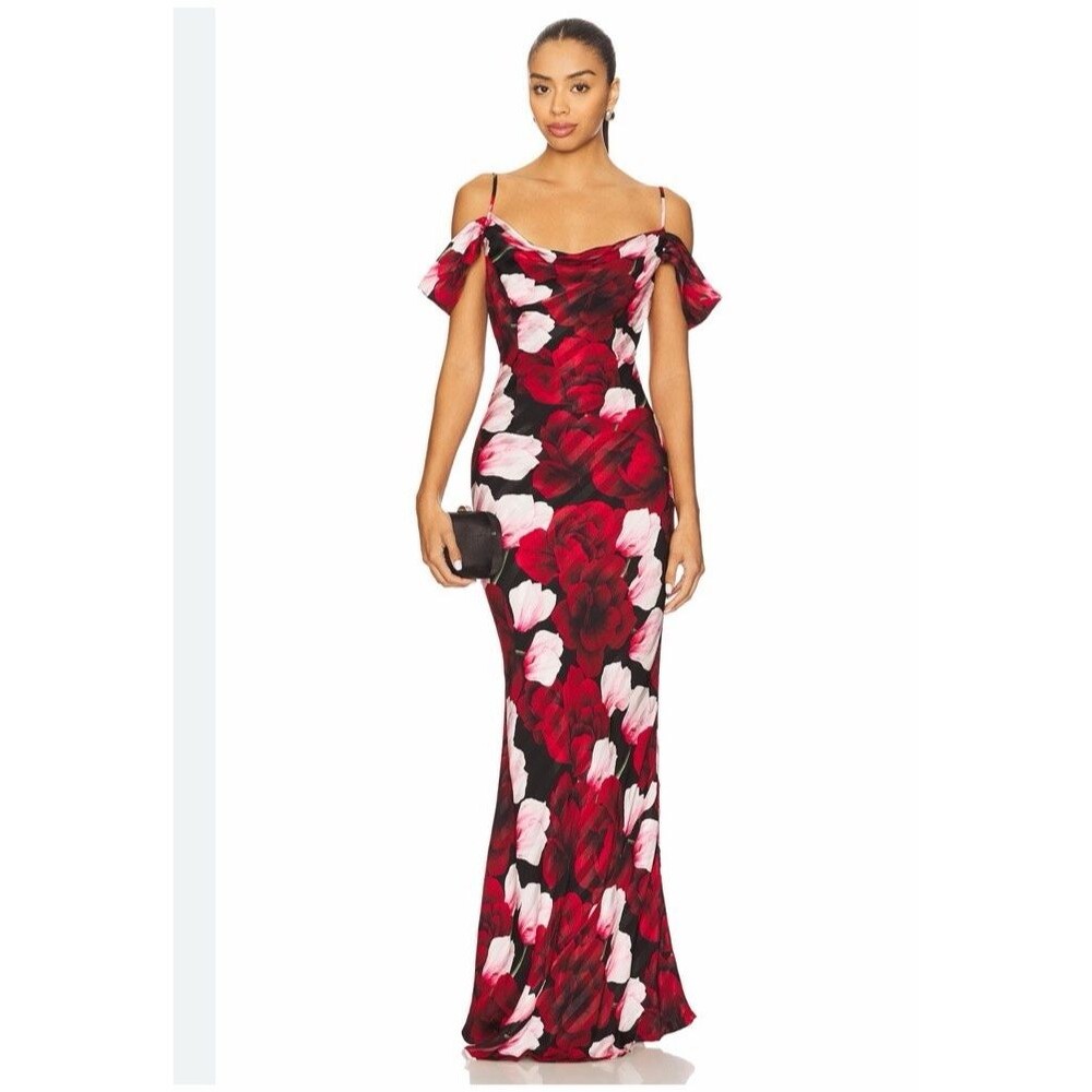 Sonya Moda Rosalie Dress Midnight Roses Floral Maxi Cowl Off Shoulder Gown